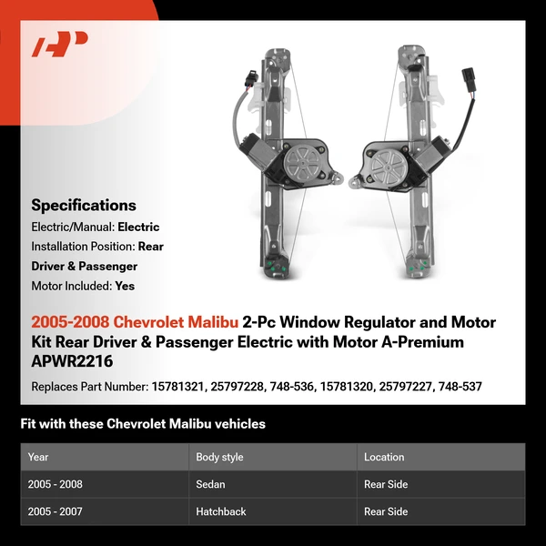 2005-2008 Chevrolet Malibu 2-Pc Window Regulator and Motor Kit Rear Driver & Passenger Electric with Motor A-Premium APWR2216