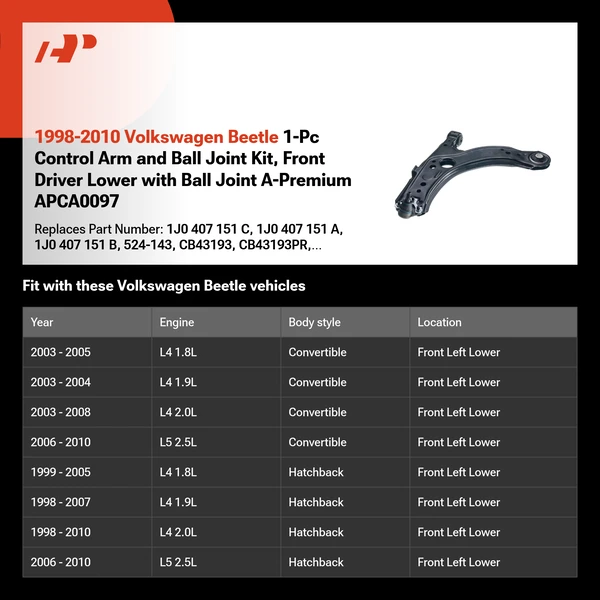 1998-2010 Volkswagen Beetle 1-Pc Control Arm and Ball Joint Kit, Front Driver Lower with Ball Joint A-Premium APCA0097