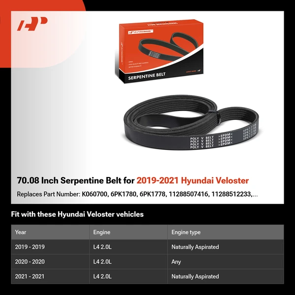 70.08 Inch Serpentine Belt for 2019-2021 Hyundai Veloster
