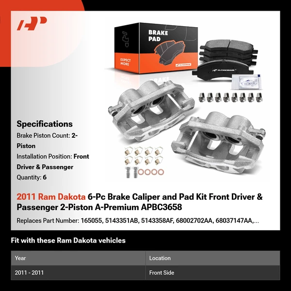 2011 Ram Dakota 6-Pc Brake Caliper and Pad Kit Front Driver & Passenger 2-Piston A-Premium APBC3658