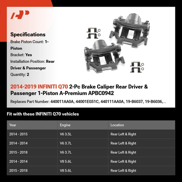 2014-2019 INFINITI Q70 2-Pc Brake Caliper Rear Driver & Passenger 1-Piston A-Premium APBC0942