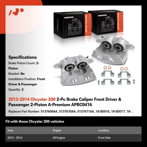 2013-2014 Chrysler 200 2-Pc Brake Caliper Front Driver & Passenger 2-Piston A-Premium APBC0416
