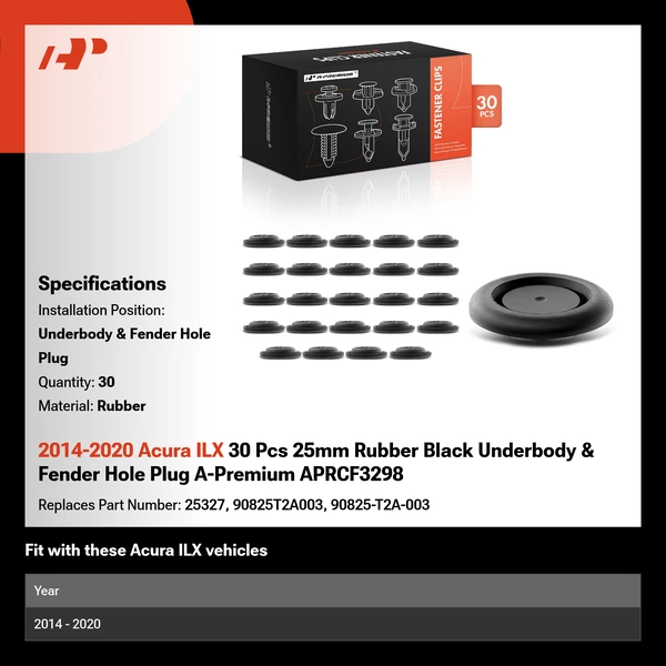 2014-2020 Acura ILX 30 Pcs 25mm Rubber Black Underbody & Fender Hole Plug A-Premium APRCF3298