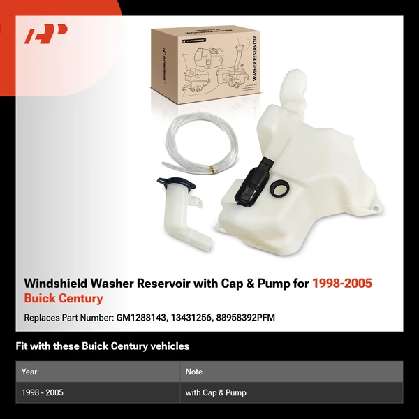 Windshield Washer Reservoir with Cap & Pump for 1998-2005 Buick Century