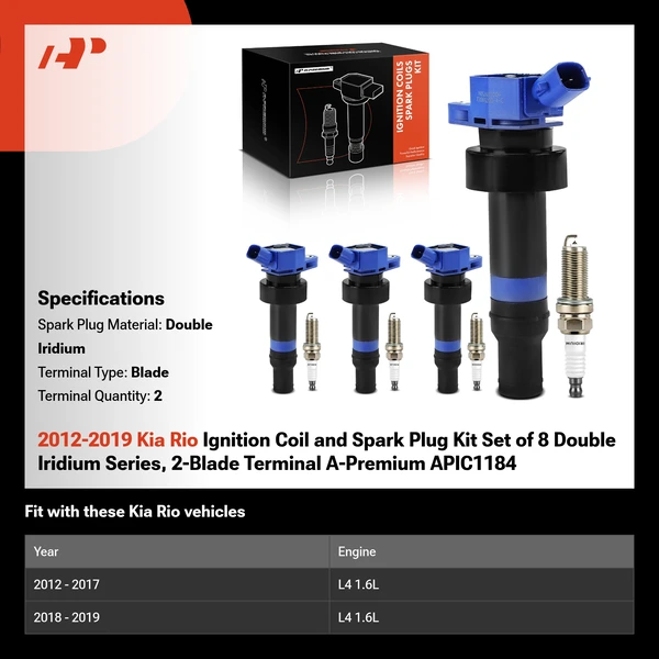 2012-2019 Kia Rio Ignition Coil and Spark Plug Kit Set of 8 Double Iridium Series, 2-Blade Terminal A-Premium APIC1184