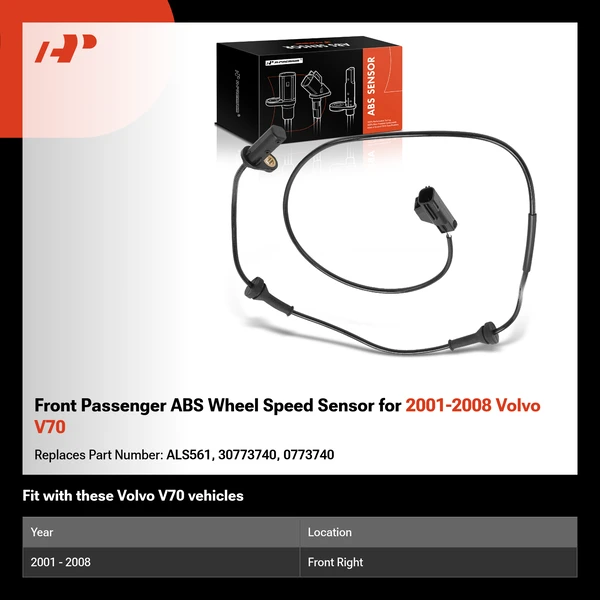 Front Passenger ABS Wheel Speed Sensor for 2001-2008 Volvo V70