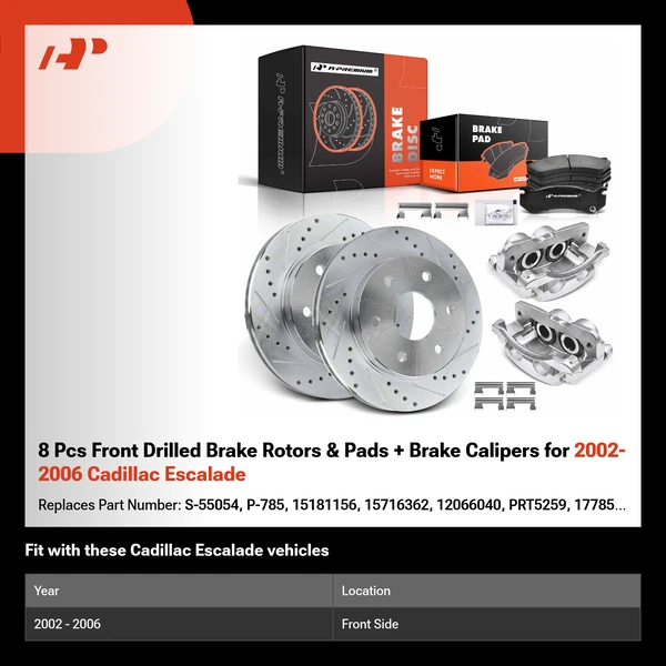 8 Pcs Front Drilled Brake Rotors & Pads + Brake Calipers for 2002-2006 Cadillac Escalade