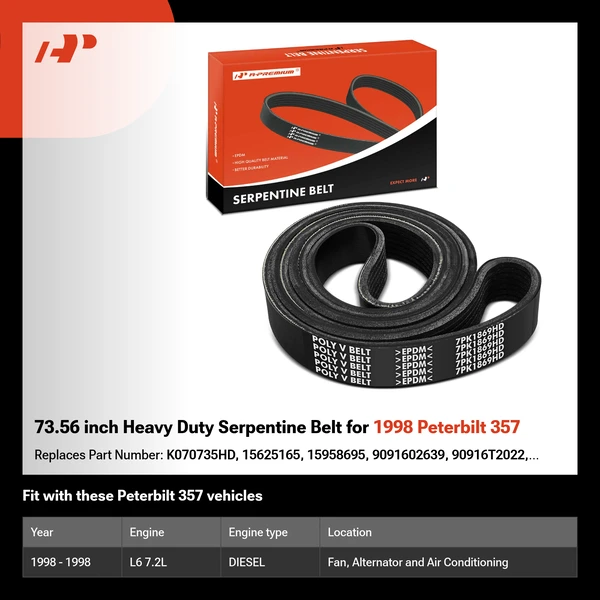 73.56 inch Heavy Duty Serpentine Belt for 1998 Peterbilt 357