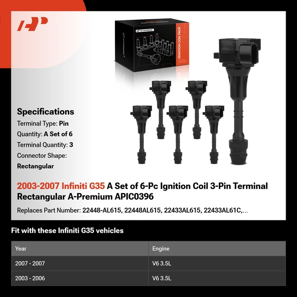 2003-2007 Infiniti G35 A Set of 6-Pc Ignition Coil 3-Pin Terminal Rectangular A-Premium APIC0396