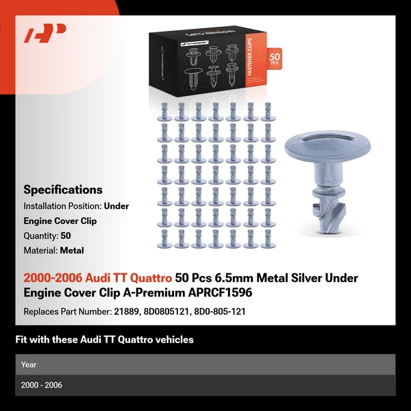 2000-2006 Audi TT Quattro 50 Pcs 6.5mm Metal Silver Under Engine Cover Clip A-Premium APRCF1596