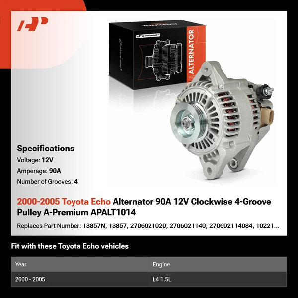 2000-2005 Toyota Echo Alternator 90A 12V Clockwise 4-Groove Pulley A-Premium APALT1014