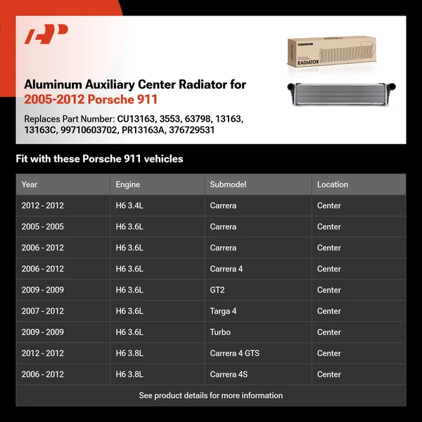 Aluminum Auxiliary Center Radiator for 2005-2012 Porsche 911