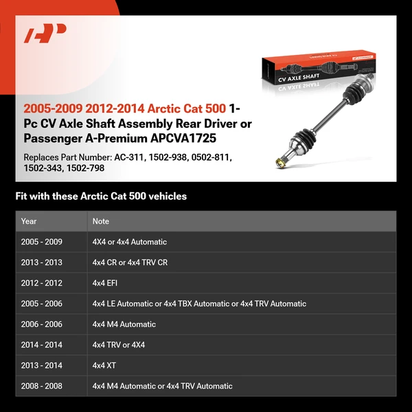 2005-2009 2012-2014 Arctic Cat 500 1-Pc CV Axle Shaft Assembly Rear Driver or Passenger A-Premium APCVA1725