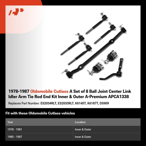 1978-1987 Oldsmobile Cutlass A Set of 8 Ball Joint Center Link Idler Arm Tie Rod End Kit Inner & Outer A-Premium APCA1338