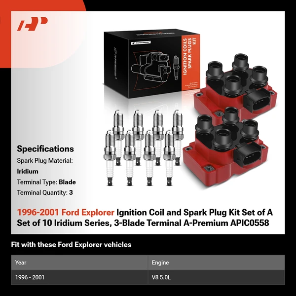 1996-2001 Ford Explorer Ignition Coil and Spark Plug Kit Set of A Set of 10 Iridium Series, 3-Blade Terminal A-Premium APIC0558