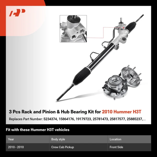 3 Pcs Rack and Pinion & Hub Bearing Kit for 2010 Hummer H3T