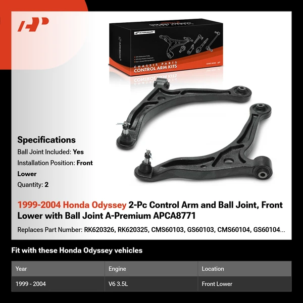 1999-2004 Honda Odyssey 2-Pc Control Arm and Ball Joint, Front Lower with Ball Joint A-Premium APCA8771