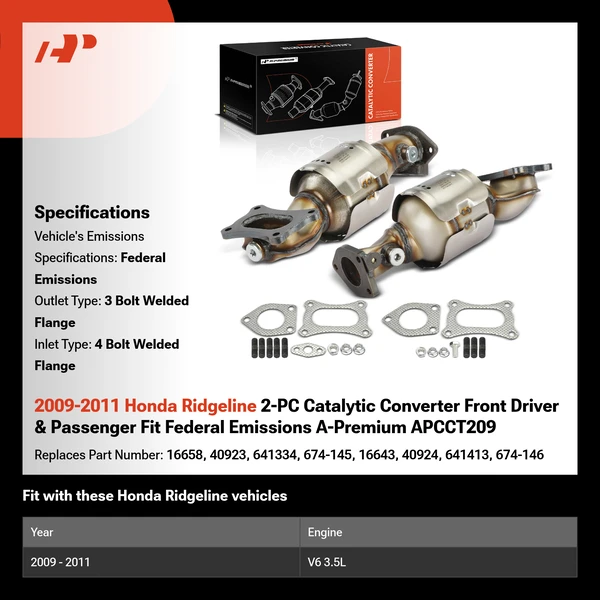 2009-2011 Honda Ridgeline 2-PC Catalytic Converter Front Driver & Passenger Fit Federal Emissions A-Premium APCCT209