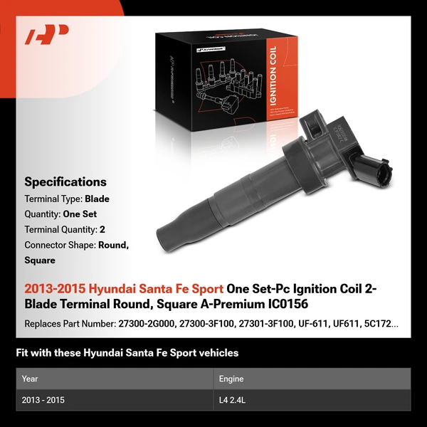 2013-2015 Hyundai Santa Fe Sport One Set-Pc Ignition Coil 2-Blade Terminal Round, Square A-Premium IC0156