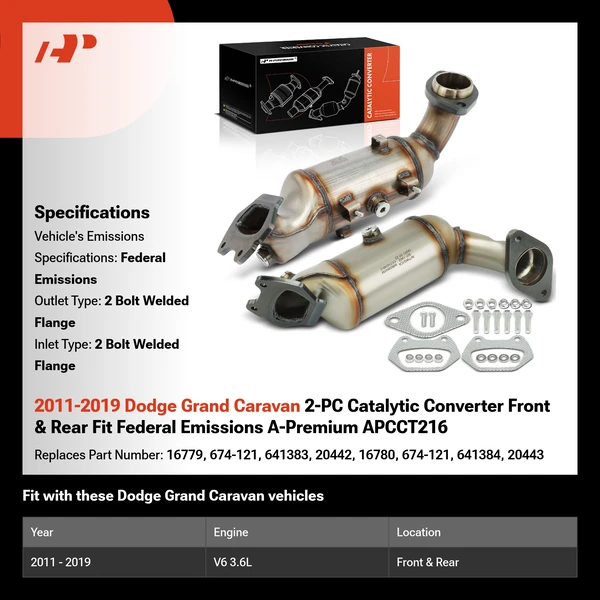 2011-2019 Dodge Grand Caravan 2-PC Catalytic Converter Front & Rear Fit Federal Emissions A-Premium APCCT216