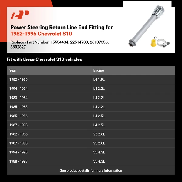 Power Steering Return Line End Fitting for 1982-1995 Chevrolet S10