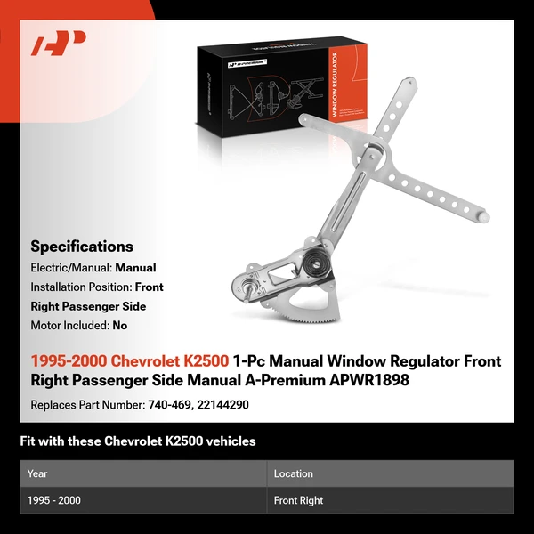 1995-2000 Chevrolet K2500 1-Pc Manual Window Regulator Front Right Passenger Side Manual A-Premium APWR1898