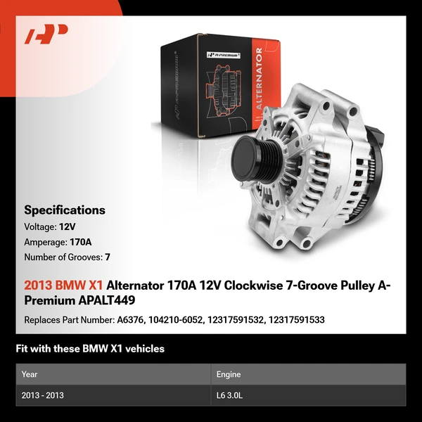 2013 BMW X1 Alternator 170A 12V Clockwise 7-Groove Pulley A-Premium APALT449