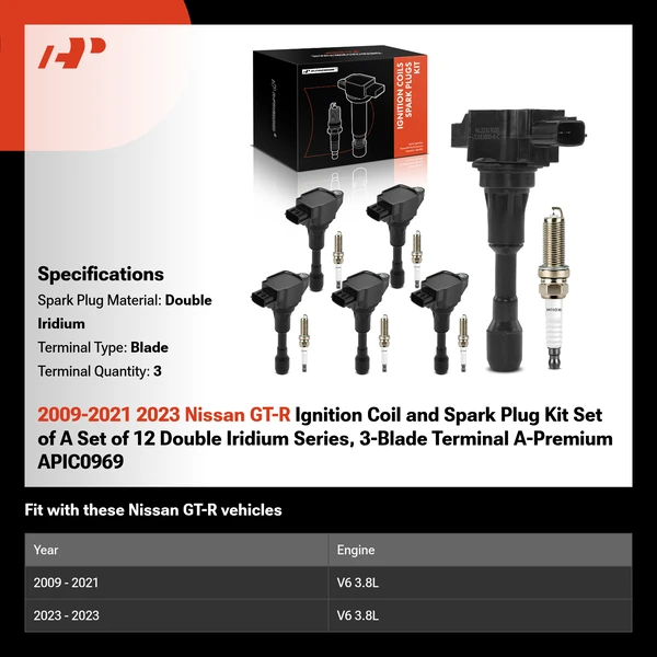 2009-2021 2023 Nissan GT-R Ignition Coil and Spark Plug Kit Set of A Set of 12 Double Iridium Series, 3-Blade Terminal A-Premium APIC0969