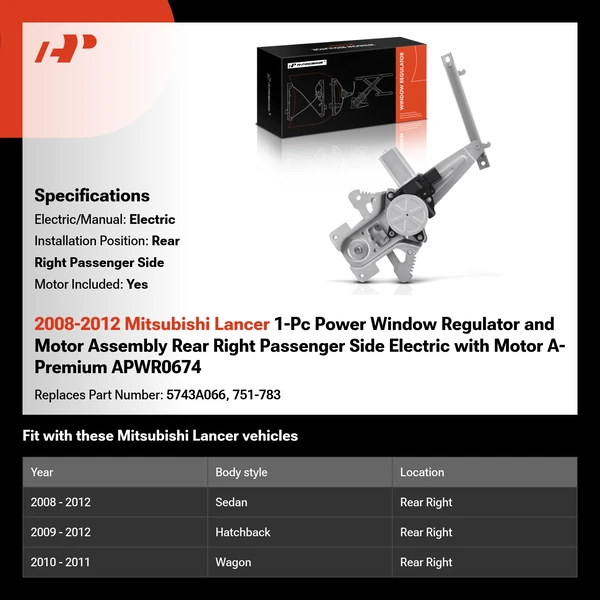2008-2012 Mitsubishi Lancer 1-Pc Power Window Regulator and Motor Assembly Rear Right Passenger Side Electric with Motor A-Premium APWR0674