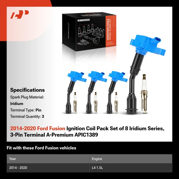 2014-2020 Ford Fusion Ignition Coil Pack Set of 8 Iridium Series, 3-Pin Terminal A-Premium APIC1389