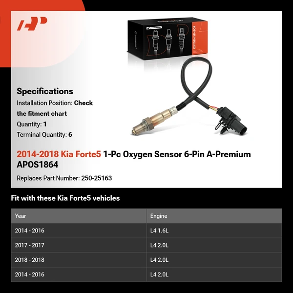 2014-2018 Kia Forte5 1-Pc Oxygen Sensor 6-Pin A-Premium APOS1864