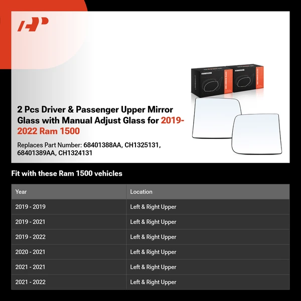 2 Pcs Driver & Passenger Upper Mirror Glass with Manual Adjust Glass for 2019-2022 Ram 1500