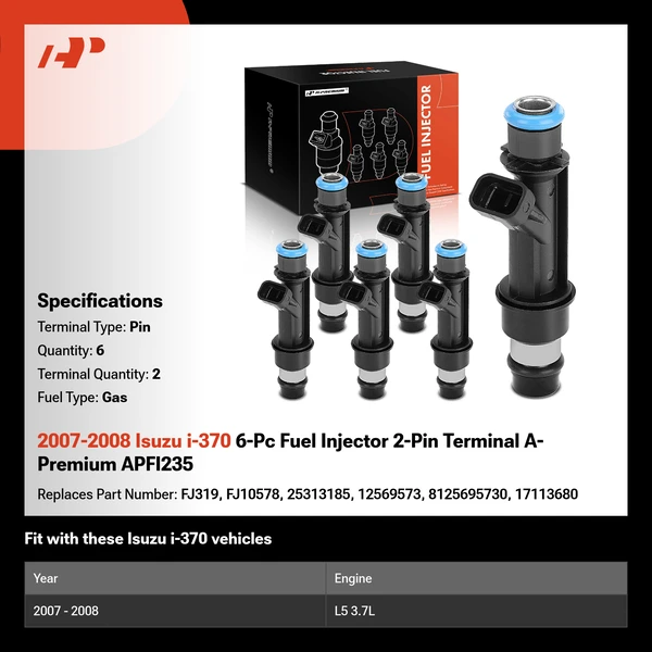 2007-2008 Isuzu i-370 6-Pc Fuel Injector 2-Pin Terminal A-Premium APFI235