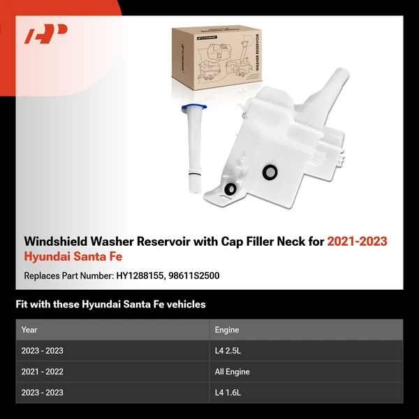 Windshield Washer Reservoir with Cap Filler Neck for 2021-2023 Hyundai Santa Fe