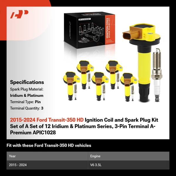 2015-2024 Ford Transit-350 HD Ignition Coil and Spark Plug Kit Set of A Set of 12 Iridium & Platinum Series, 3-Pin Terminal A-Premium APIC1028