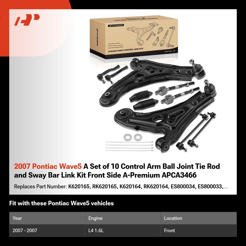 2007 Pontiac Wave5 A Set of 10 Control Arm Ball Joint Tie Rod and Sway Bar Link Kit Front Side A-Premium APCA3466