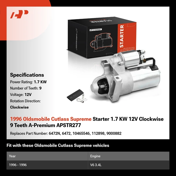 1996 Oldsmobile Cutlass Supreme Starter 1.7 KW 12V Clockwise 9 Teeth A-Premium APSTR277