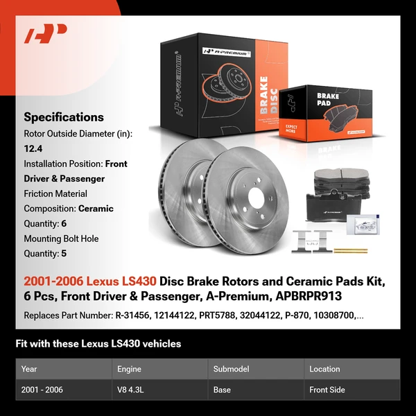 2001-2006 Lexus LS430 Disc Brake Rotors and Ceramic Pads Kit, 6 Pcs, Front Driver & Passenger, A-Premium, APBRPR913