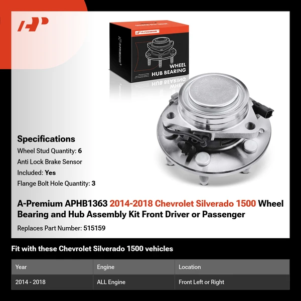 A-Premium APHB1363 2014-2018 Chevrolet Silverado 1500 Wheel Bearing and Hub Assembly Kit Front Driver or Passenger
