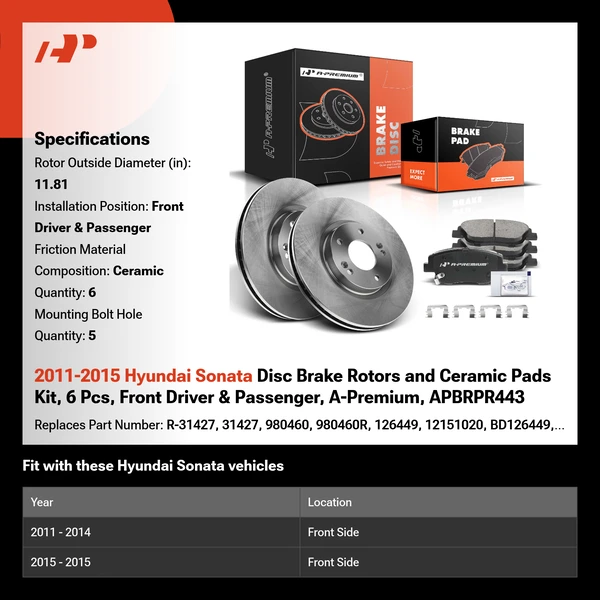 2011-2015 Hyundai Sonata Disc Brake Rotors and Ceramic Pads Kit, 6 Pcs, Front Driver & Passenger, A-Premium, APBRPR443