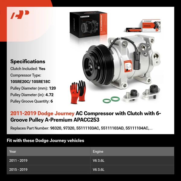 2011-2019 Dodge Journey AC Compressor with Clutch with 6-Groove Pulley A-Premium APACC253