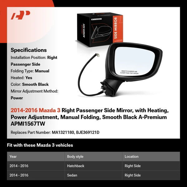 2014-2016 Mazda 3 Right Passenger Side Mirror, with Heating, Power Adjustment, Manual Folding, Smooth Black A-Premium APMI1567TW