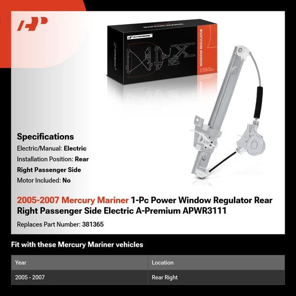 2005-2007 Mercury Mariner 1-Pc Power Window Regulator Rear Right Passenger Side Electric A-Premium APWR3111