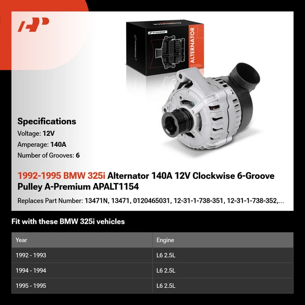 1992-1995 BMW 325i Alternator 140A 12V Clockwise 6-Groove Pulley A-Premium APALT1154