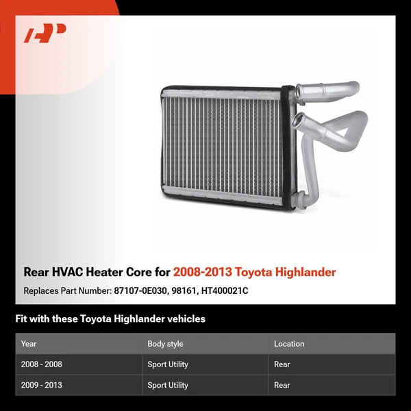 Rear HVAC Heater Core for 2008-2013 Toyota Highlander