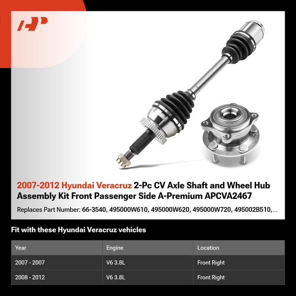 2007-2012 Hyundai Veracruz 2-Pc CV Axle Shaft and Wheel Hub Assembly Kit Front Passenger Side A-Premium APCVA2467