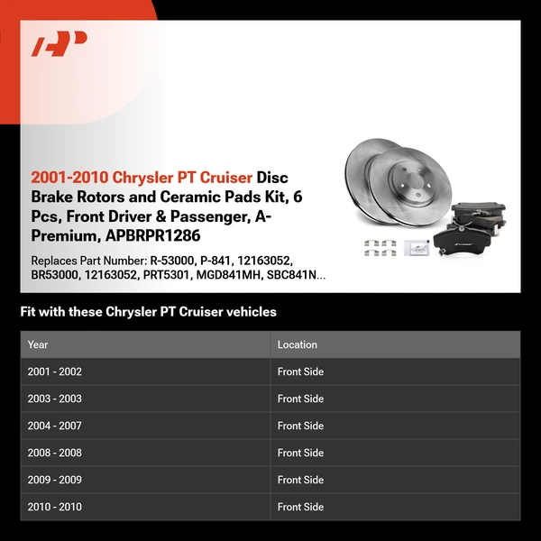 2001-2010 Chrysler PT Cruiser Disc Brake Rotors and Ceramic Pads Kit, 6 Pcs, Front Driver & Passenger, A-Premium, APBRPR1286