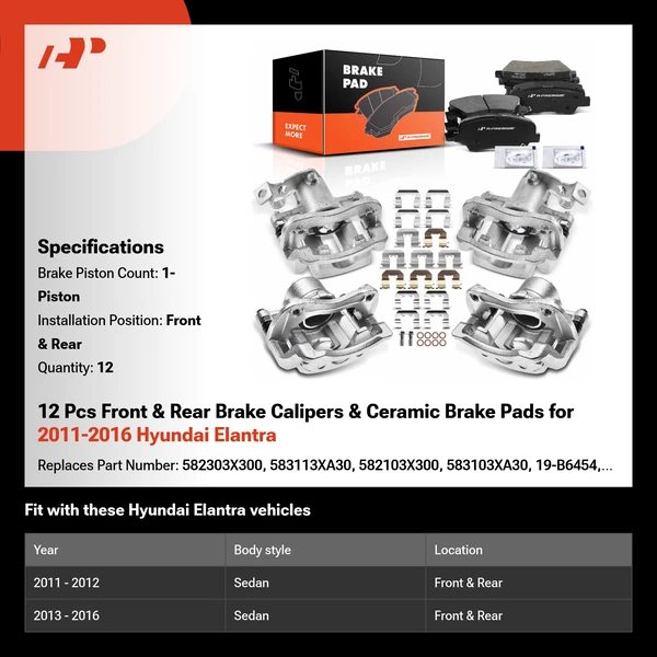 12 Pcs Front & Rear Brake Calipers & Ceramic Brake Pads for 2011-2016 Hyundai Elantra