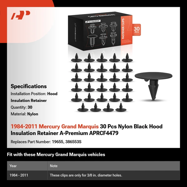 1984-2011 Mercury Grand Marquis 30 Pcs Nylon Black Hood Insulation Retainer A-Premium APRCF4479