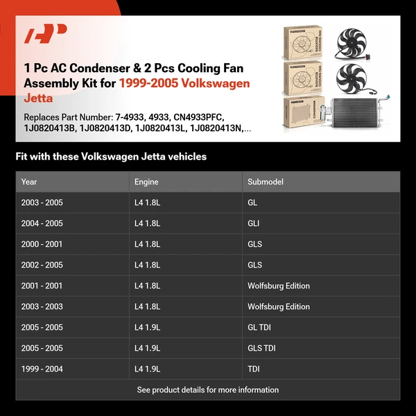 1 Pc AC Condenser & 2 Pcs Cooling Fan Assembly Kit for 1999-2005 Volkswagen Jetta